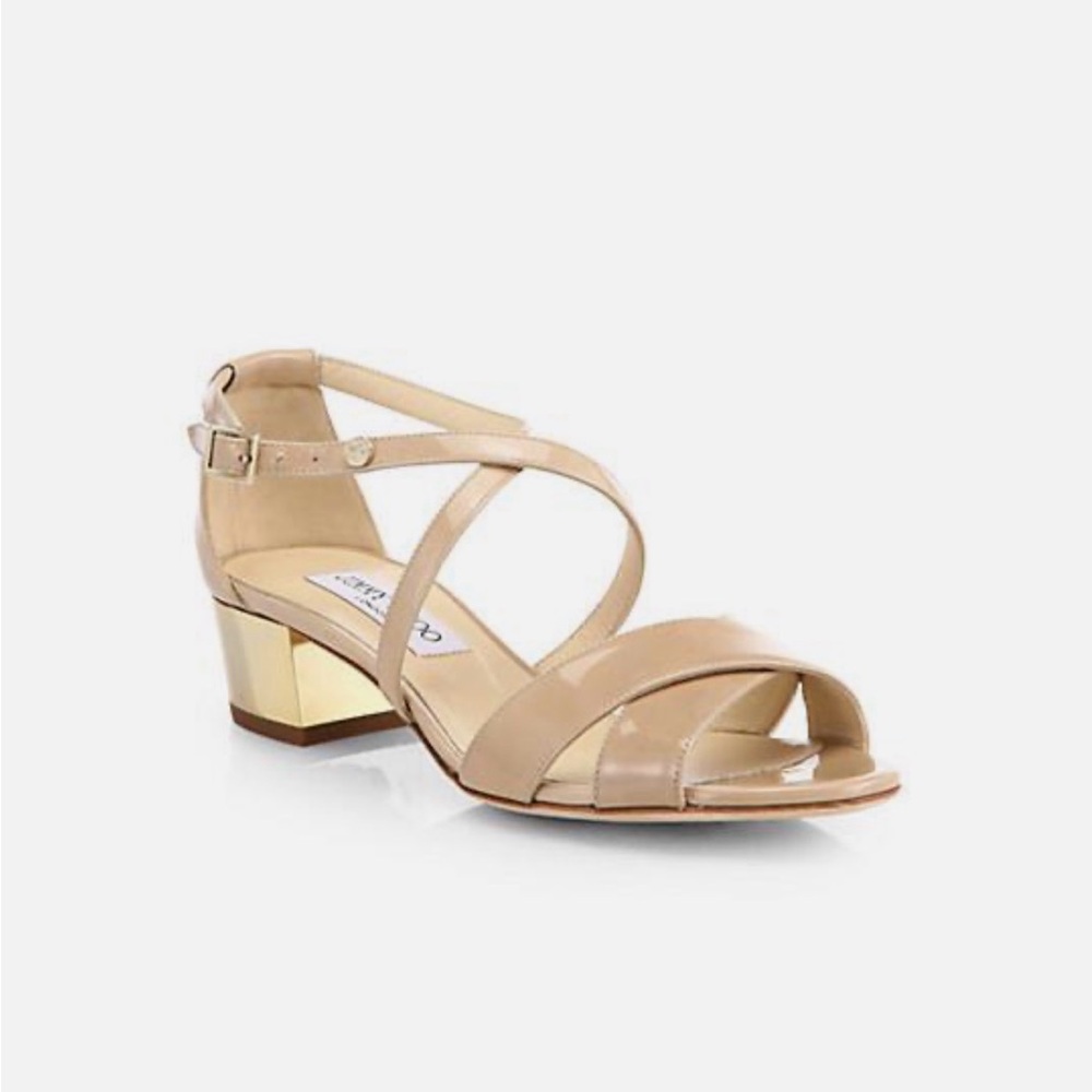 JIMMY CHOO MERIT ICONIC NUDE PATENT GOLD LOGO HEEL SANDALS